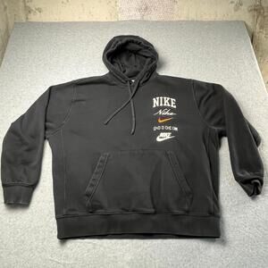 Nike Mens Sz XL Hoodie Sweatshirt Black Multiple Logo Graphic Embroidered Swoosh
